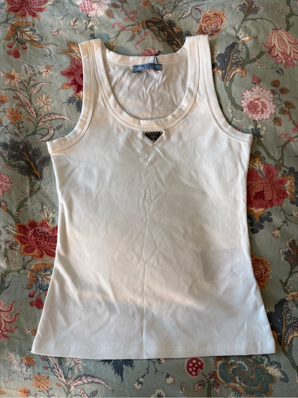 Prada Cream Ribbed Logo Tank